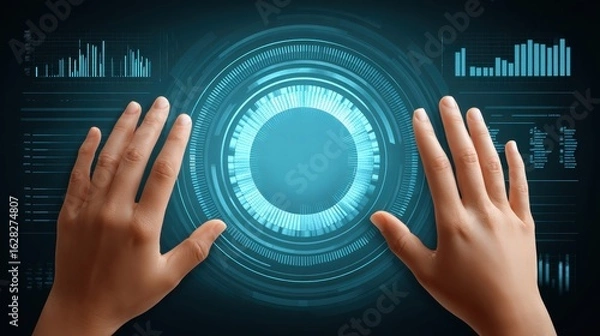 Fototapeta Hands using gesture controls to manipulate digital pie charts, future of business analysis