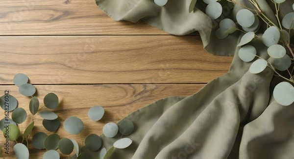 Obraz Soft green fabric draped over a wooden surface, accompanied by fresh eucalyptus leaves, creating a serene and natural atmosphere, perfect for home decor and styling projects.