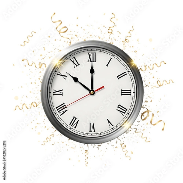 Fototapeta New years eve countdown clock with roman numerals, gold confetti, and streamers, isolated on transparent background