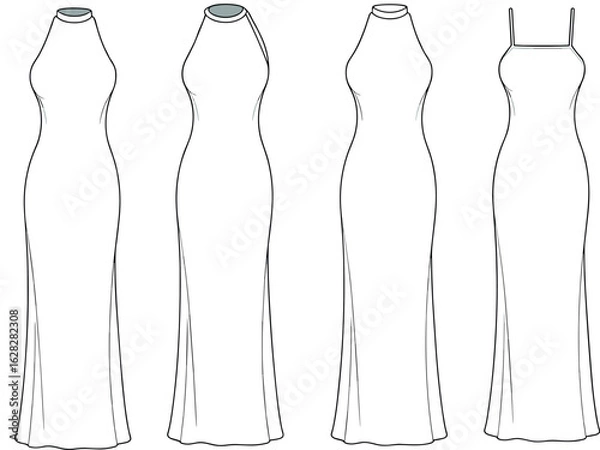 Fototapeta Technical fashion flat sketch of women's long evening dresses with various necklines, sleeveless silhouettes, front and back views, formal gown illustration for apparel design