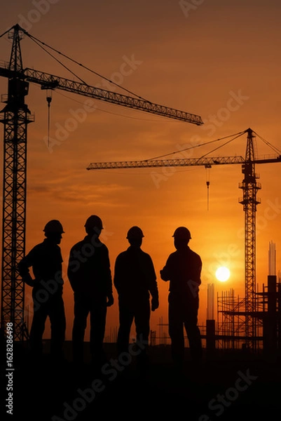 Fototapeta Construction development and industry combine with teamwork and progress to shape powerful silhouettes at sunset in a warm inspiring scene