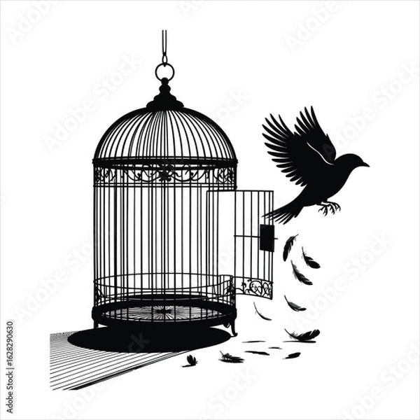 Fototapeta Silhouette of a bird flying out of an open ornate birdcage with scattered feathers