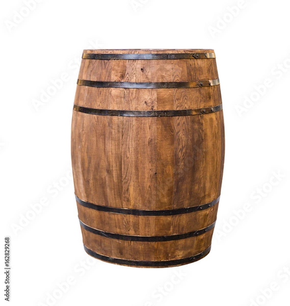 Fototapeta Oak barrel brown with metal hoops on a white isolated background