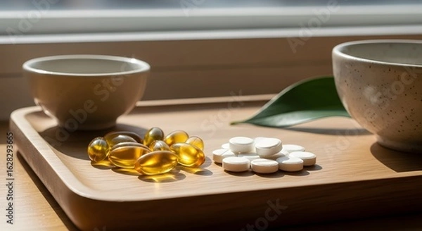 Obraz A serene morning wellness routine featuring a daily dose of essential supplements, like fish oil omega-3 capsules and vitamin tablets, served with herbal tea on a wooden tray by a sunlit window