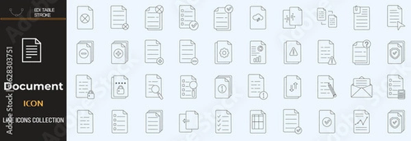 Fototapeta Document set of web icons in line style. Documents linear icon collection. Containing contract papers, folder, certificate, accept, approved, clipboard, invoice, archive and more. Editable stroke