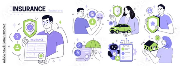 Fototapeta Insurance set. Characters use various insurance services to buy full coverage policy for building, vehicle, travel. Insured persons or business concept. Vector illustration.