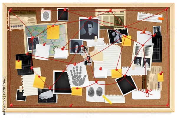 Fototapeta Realistic detective board. True crime investigate, corkboard with pin red threads string on wall criminal police clues evidence spy pinboard paper notes, exact vector illustration