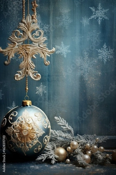 Fototapeta Unique Christmas tree decoration with detailed ornament and winter background featuring geometric neon shapes