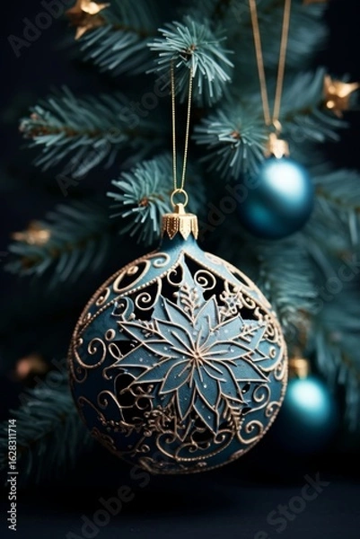 Fototapeta Vibrant Christmas ornament hanging on a decorated tree with geometric neon background
