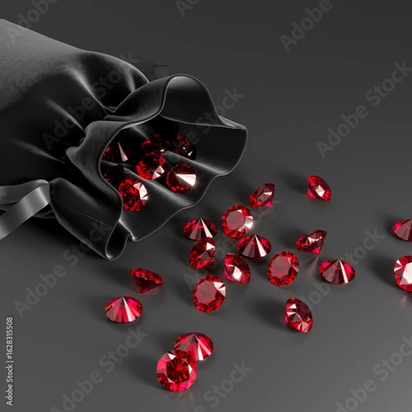Fototapeta Velvet black bag with a scattering of rubies on a dark background. Exhibition of precious stones. Jewelry industry. View from above. 3d rendering.