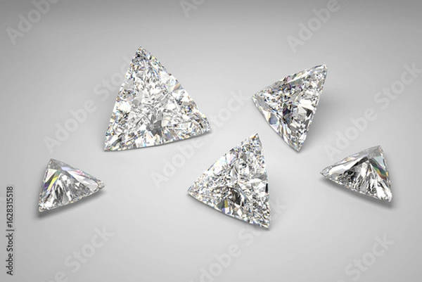 Fototapeta Scattering of diamonds of different sizes on the white background.  Exhibition of precious stones. Triangle cut. 3d rendering.