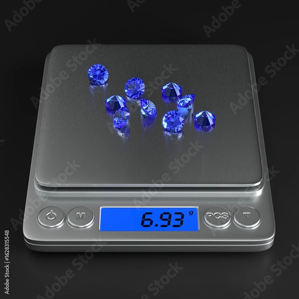 Fototapeta Precise digital scales with blue sapphires on the black background. Front view. Jewelry industry. 3d rendering.