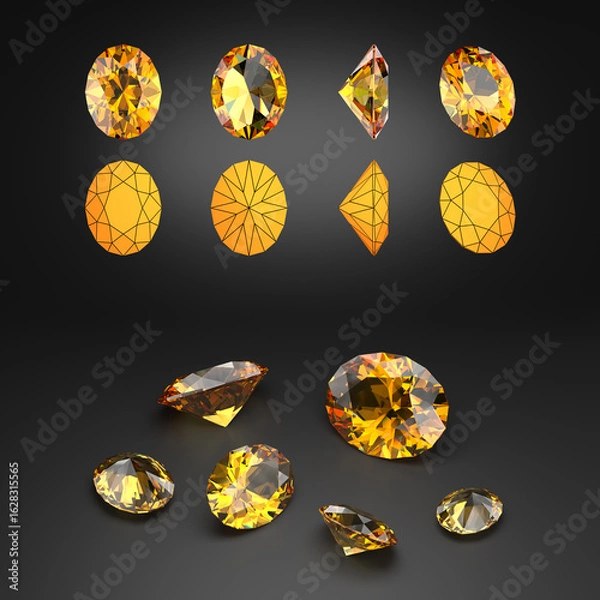 Fototapeta Demonstration of the oval-cut topaz from different angles. Scheme of cutting. Scattering of gemstones. Black background. 3d rendering.
