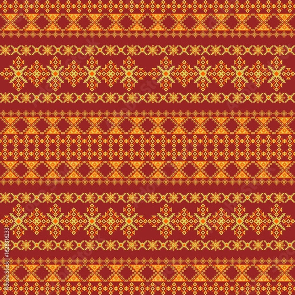 Fototapeta Traditional Thai Pattern – Red and Gold Seamless Textile Design
This seamless pattern is inspired by traditional Thai woven fabrics,Ideal for rug,packaging,wallpaper,and cultural design projects.