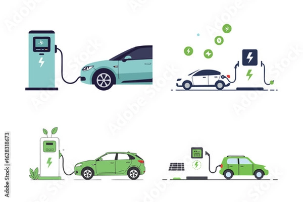 Fototapeta Flat vector of an electric car being charged at a station with green energy