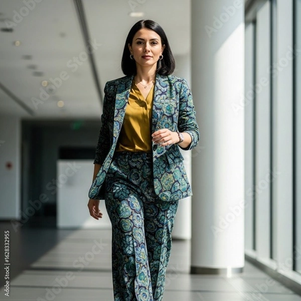 Obraz Elegant Indonesian Businesswoman in a Modern Batik Suit Walking in an Office Hallway