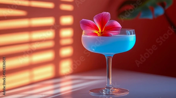 Fototapeta Tropical blue cocktail with a vibrant pink flower garnish, artfully presented with striking window blind shadows on a warm background, evoking a serene summer evening ambiance