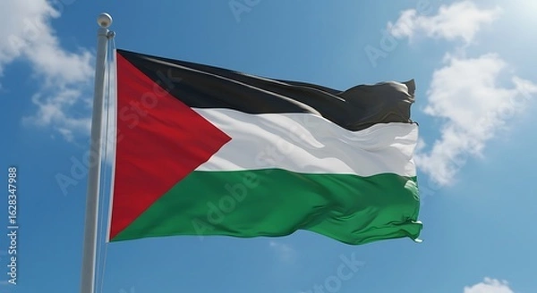 Fototapeta Palestinian Flag Waving in the Wind Against a Blue Sky with Clouds