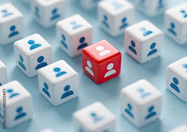 Obraz A red cube, featuring a person icon, stands out amidst many white cubes, each bearing a person icon