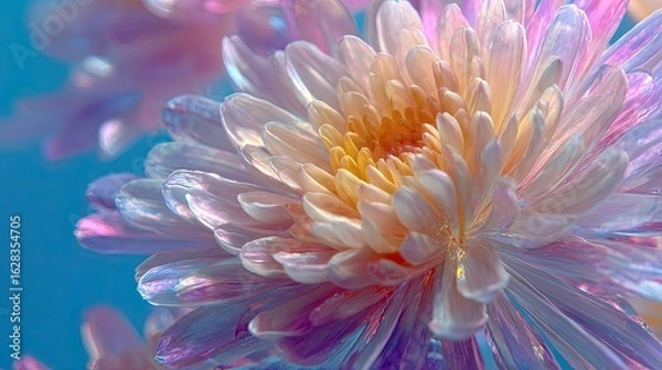 Fototapeta Close-up of a vibrant, iridescent chrysanthemum.  Soft pastel hues of pink, peach, and white.  Delicate petals,  glowing in light.  Shallow depth of field