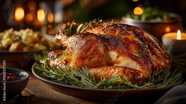 Fototapeta Roasted Turkey Feast: A culinary masterpiece, a golden-brown roasted turkey takes center stage on a rustic wooden table, surrounded by traditional side dishes and the warm glow of candlelight.