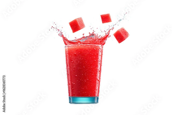 Fototapeta Red Fruit Juice with Ice Cubes Splashing in Tall Glass on Transparent Background