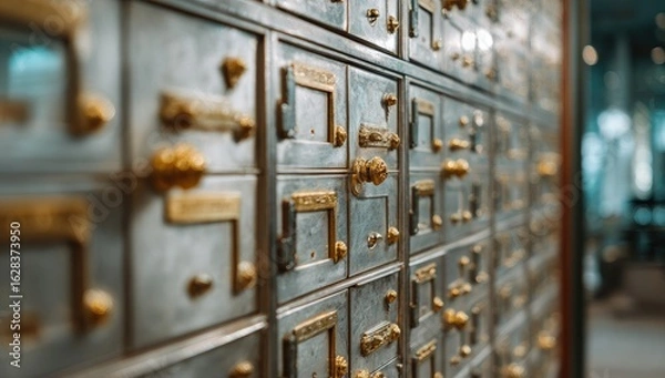 Fototapeta Close-up of many small metal lockers, light gray with gold hardware