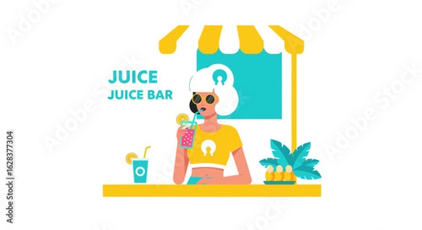 Fototapeta Stylish woman enjoying a refreshing juice at a vibrant juice bar illustration