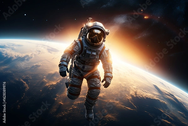 Fototapeta Astronaut floats through outer space with the sun casting a warm glow in the background, showcasing a breathtaking view of Earth