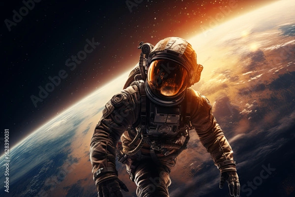 Fototapeta Astronaut explores the vastness of outer space with the sun shining brightly in the background