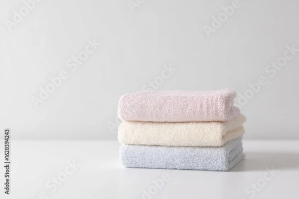 Fototapeta Soft, neatly stacked towels in pastel colors against minimalist