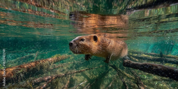 Obraz Beaver swimming under water near lodge in a lush green environment  
