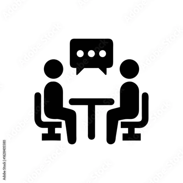 Obraz Two people sitting at a table discussing ideas with a speech bubble icon