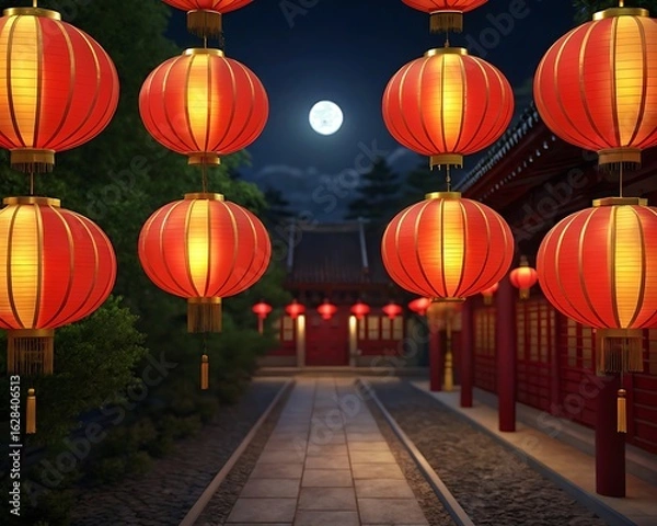 Fototapeta Red and gold paper lanterns in ancient courtyard at night