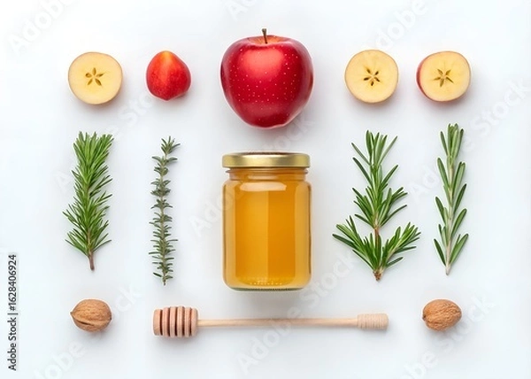 Fototapeta Red apple honey jar rosemary thyme nuts and honey dipper