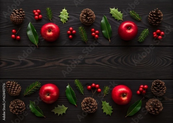 Fototapeta Red Apples Pinecones Holly Berries and Fir Branches on Dark Wood