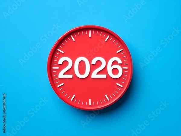 Fototapeta Red clock face with 2026 text on blue background year