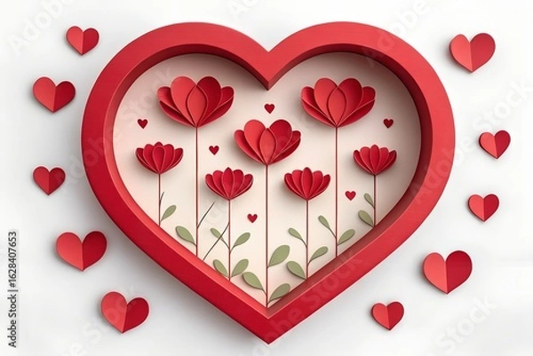 Fototapeta Red Heart Frame With Paper Flowers And Hearts heart shape
