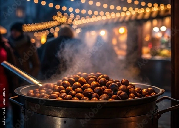 Fototapeta Roasted Chestnuts in Large Pot with Steam and Bokeh Lights