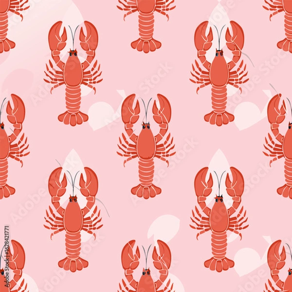 Fototapeta Stylish seamless pattern featuring red lobsters on a pink background. Minimal vector design perfect for summer textiles, packaging, wallpaper, wrapping paper, textile design, kitchen decor