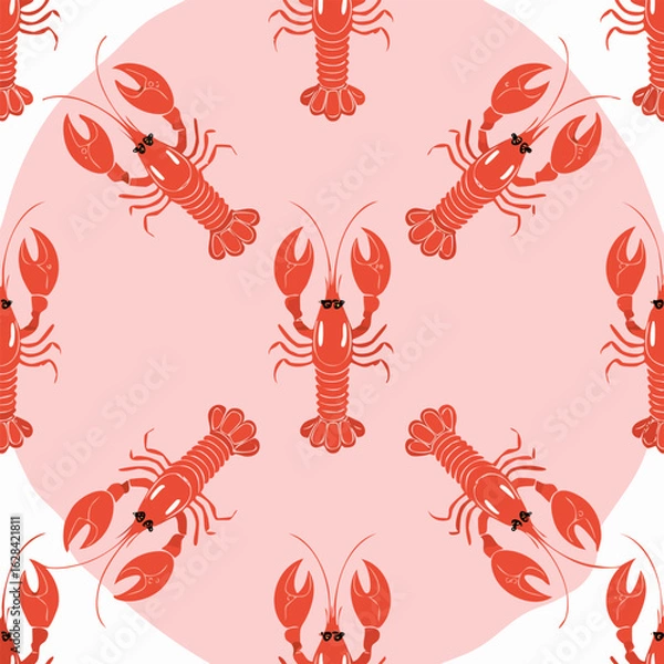 Fototapeta Stylish seamless pattern featuring red lobsters on a pink background. Minimal vector design perfect for summer textiles, packaging, wallpaper, wrapping paper, textile design, kitchen decor