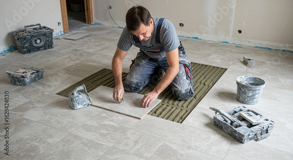 Fototapeta Project worker laying ceramic tiles on indoor floor, kneeling with toolkit beside