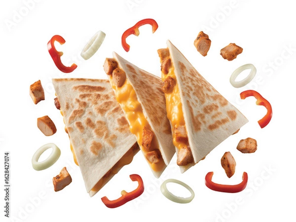 Fototapeta Deliciously prepared chicken quesadillas with scattered peppers and onions isolated on transparent background