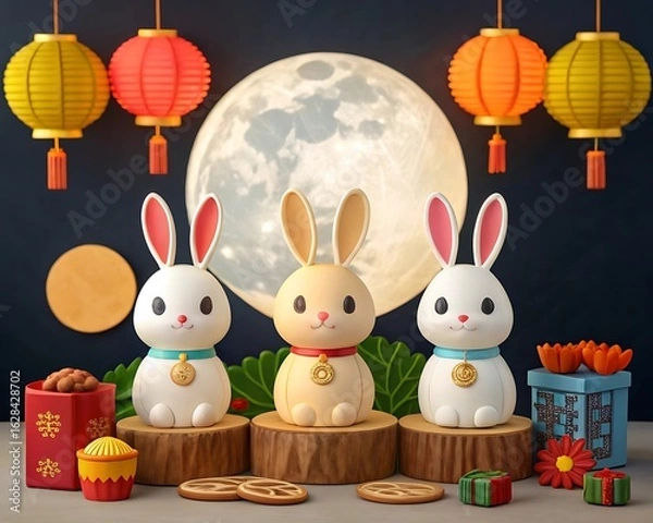 Fototapeta Three cute cartoon rabbits with lanterns and moon bunny