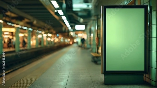 Fototapeta Empty Green Advertisement Board in a Subway Station