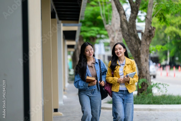 Fototapeta Two happy female students walking and talking on campus