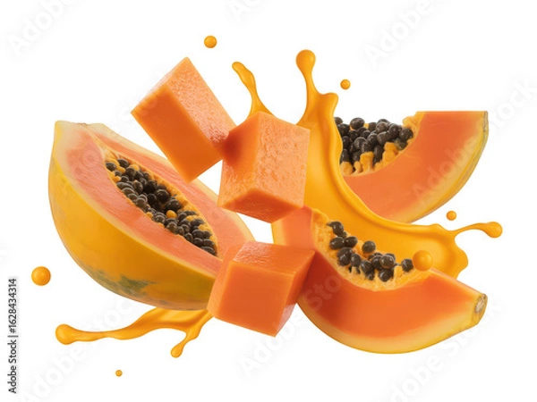 Fototapeta Fresh papaya slices and juice splash isolated on transparent background