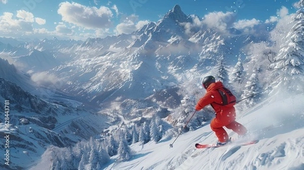 Fototapeta A skier in a red outfit navigates a snowy mountain slope, surrounded by breathtaking peaks and a clear blue sky.