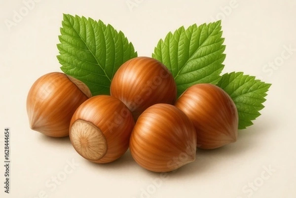 Fototapeta A cluster of freshly harvested hazelnuts, their rich brown shells contrasting with the vibrant green leaves, symbolizing nature's bounty and health