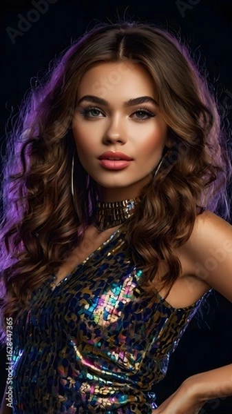 Fototapeta A captivating portrait of an elegant woman radiating confidence, her beauty enhanced by glamorous makeup and voluminous curls, dressed in sparkling sequins for an exclusive night party